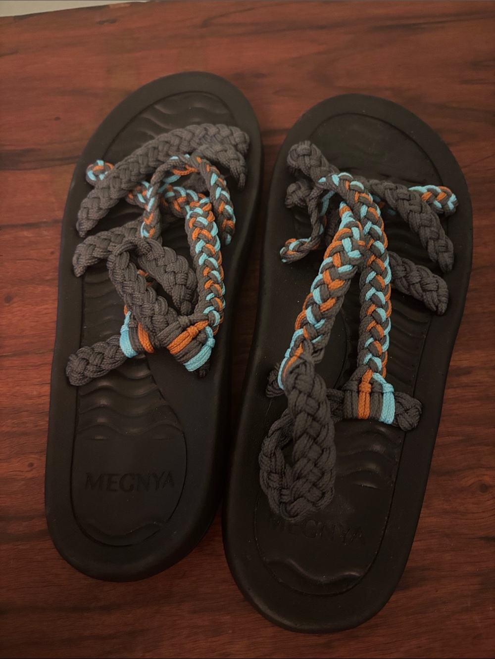 MEGNYA Women's Braided Slide Sandals in Charcoal with Blue & Orange Accents